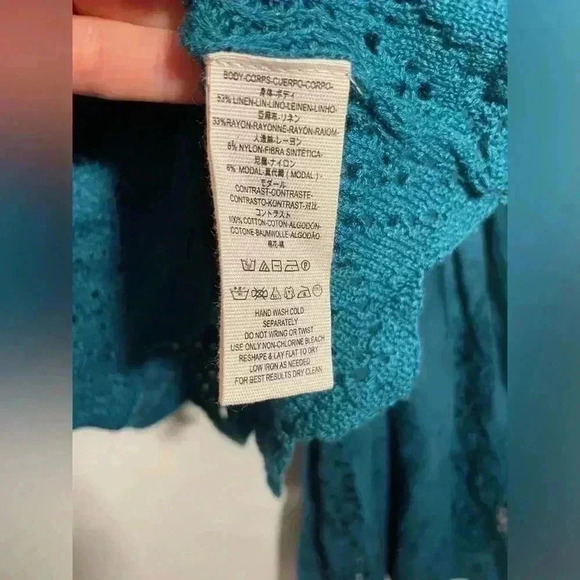 FREE PEOPLE Turquoise Once Upon a Time Linen Blend Knit Bell Sleeve Top Small - Picture 7 of 10